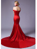 Off Shoulder Red Satin Simple Evening Dress